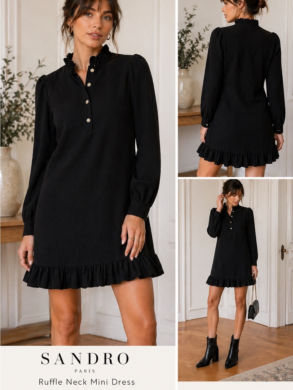 Sandro Paris Black Ruffle Neck Mini Dress Size 1 (Small)Puff Sleeve button front